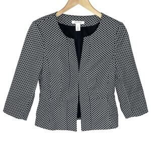 WHBM Women’s Black and White Geo Pattern Cropped Hook and Eye Blazer